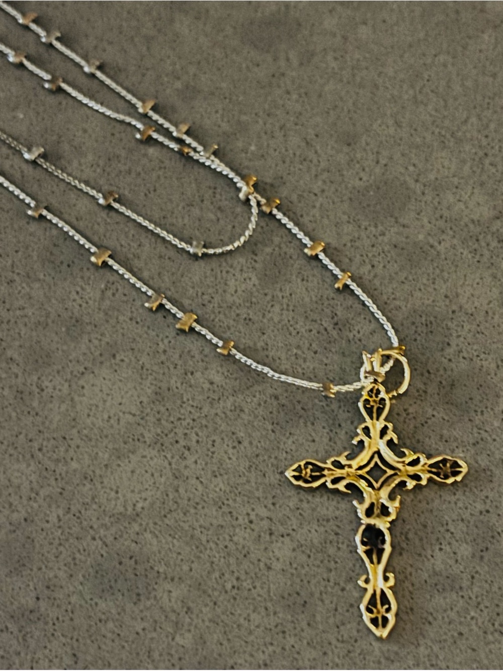 Gold Filigree Cross Pendant/ gold micro beaded silver chain